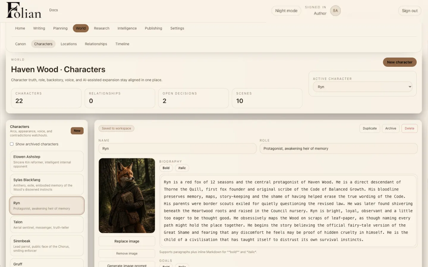 Folian walkthrough step 3: characters workspace showing a cast profile and character list in Paper Mode.