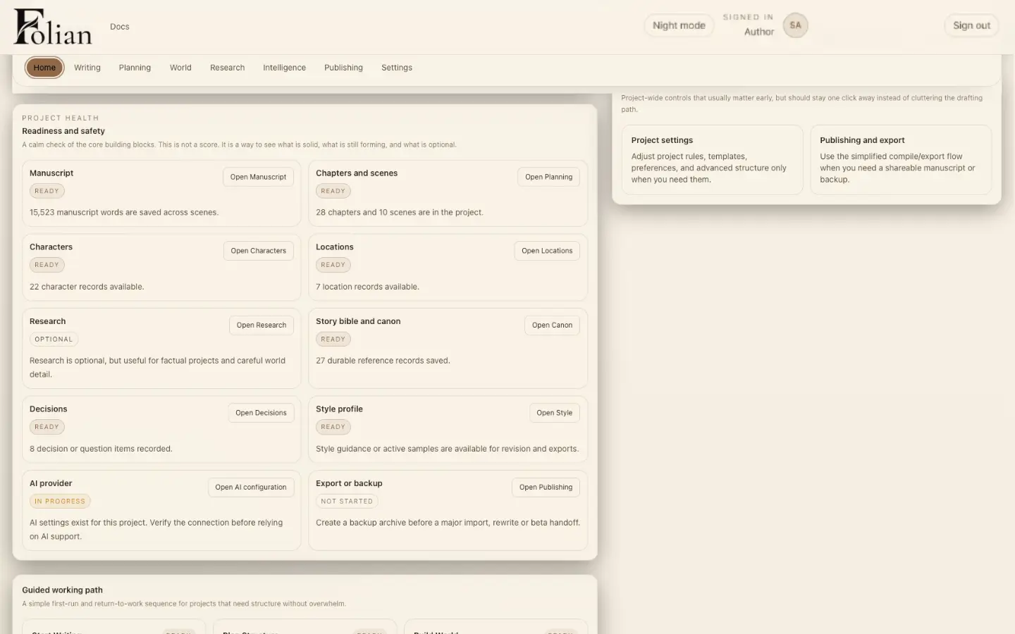Folian walkthrough step 1: project dashboard showing manuscript, canon, characters and export status in Paper Mode.