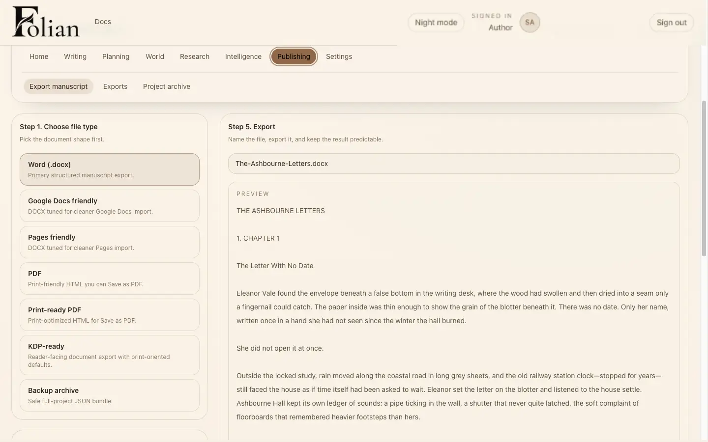 Folian walkthrough step 8: publishing workspace showing export options and manuscript preview in Paper Mode.